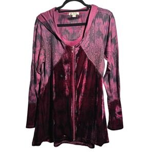 VTG Y2K Unity Womens Burgundy Velvet Zip Jacket Hoodie Floral Fairy Grunge‎ L